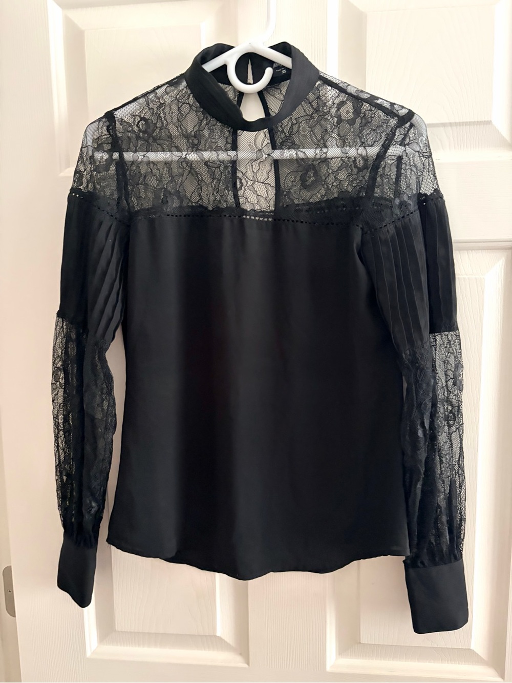 Nasty Gal Black Lace Yoke Long Sleeve Blouse with Sheer Sleeves